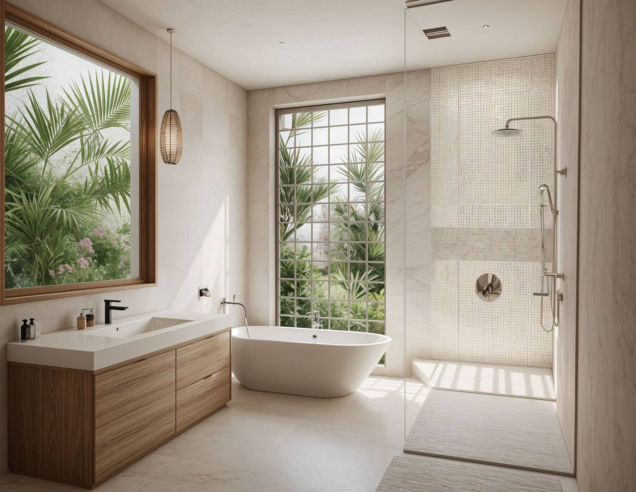 Bathroom with freestanding tub and palms