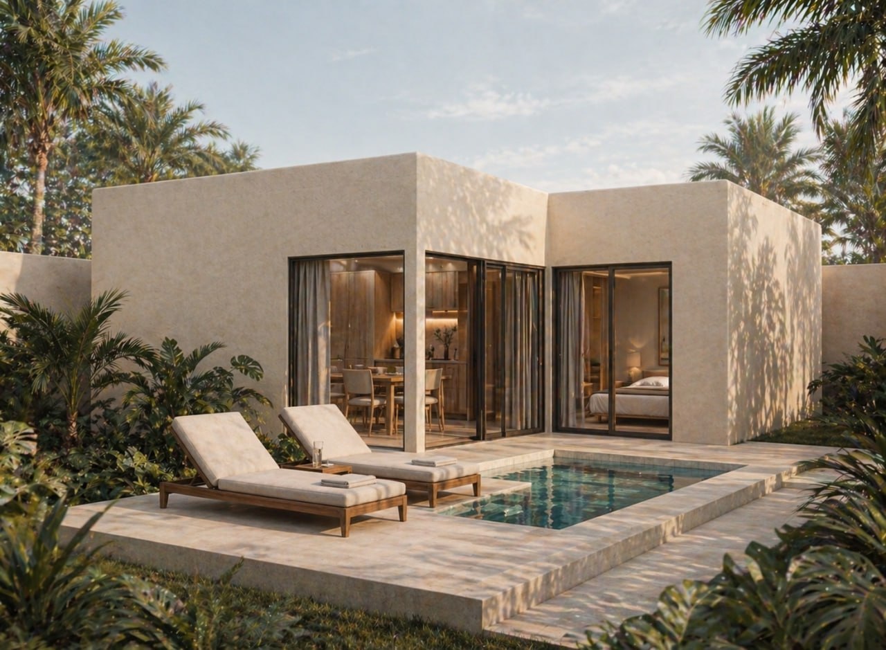 1-bedroom villa exterior — palms and pergola