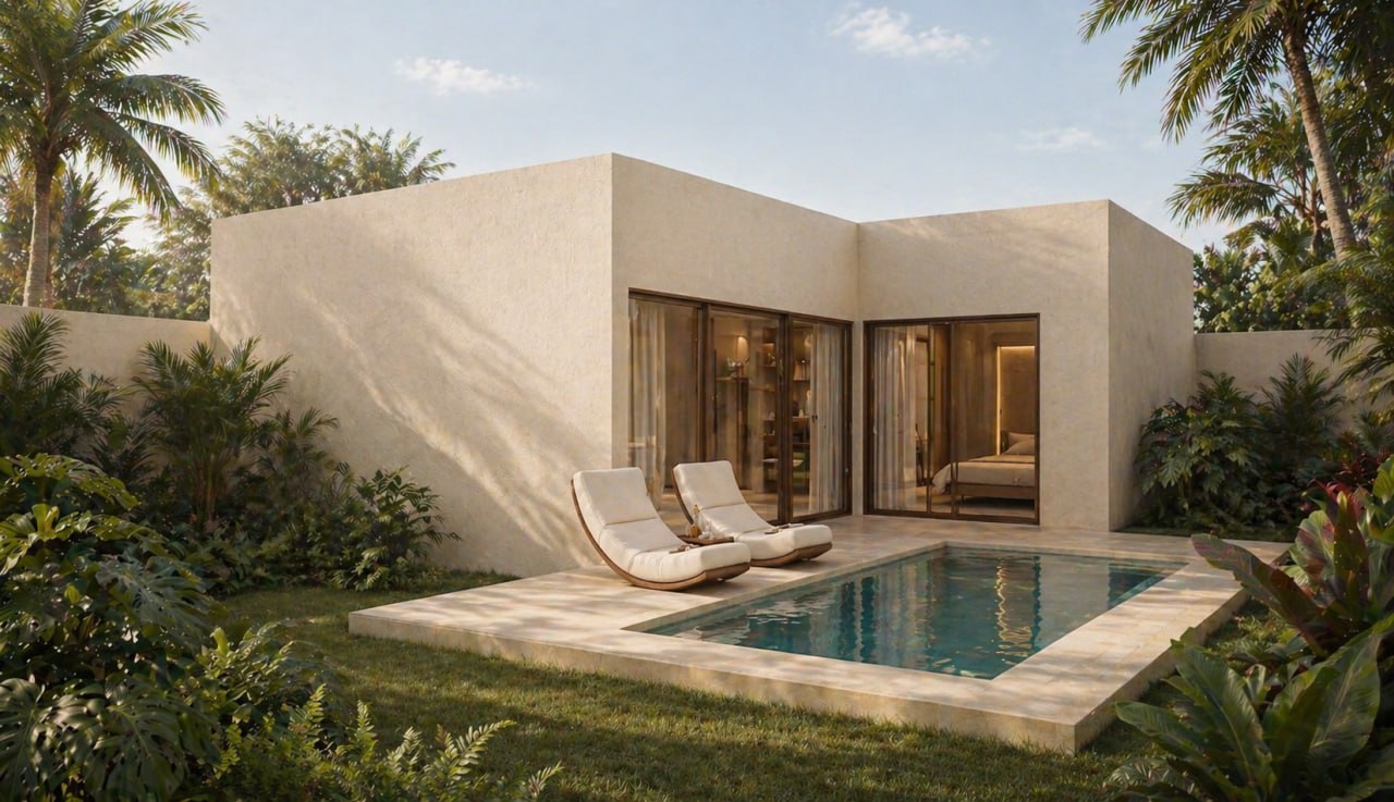 1-bedroom 50m² villa exterior — palms and lounge
